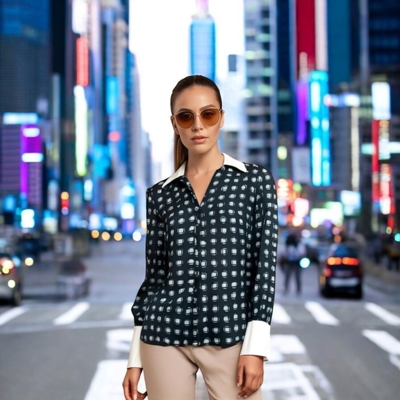 Jones New York Tops - Women Shirt JONES NEWYORK Black Blue Geometric Print Silk Blouse Long Sleeve Top